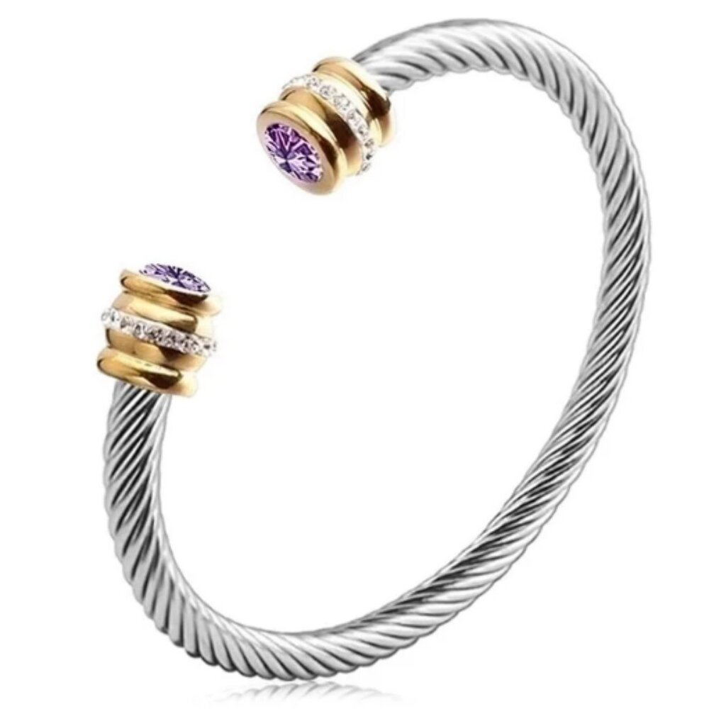 #298 Minimalist Solid Color Stainless Steel Inlay Zircon Cuff Bracelet -February